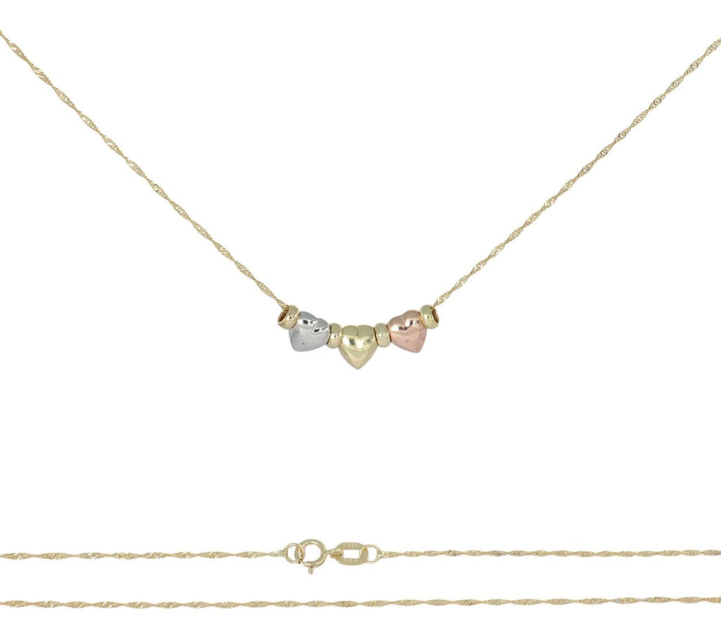 Gargantilla De Oro De 14k De Tres Corazones Inflados Y Aros
