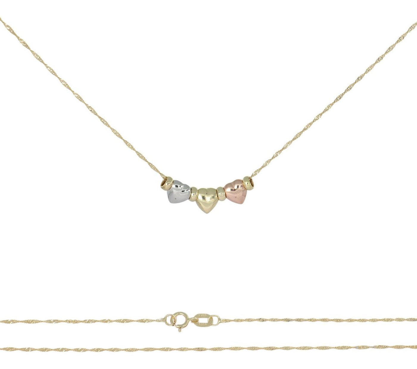 Gargantilla De Oro De 14k De Tres Corazones Inflados Y Aros