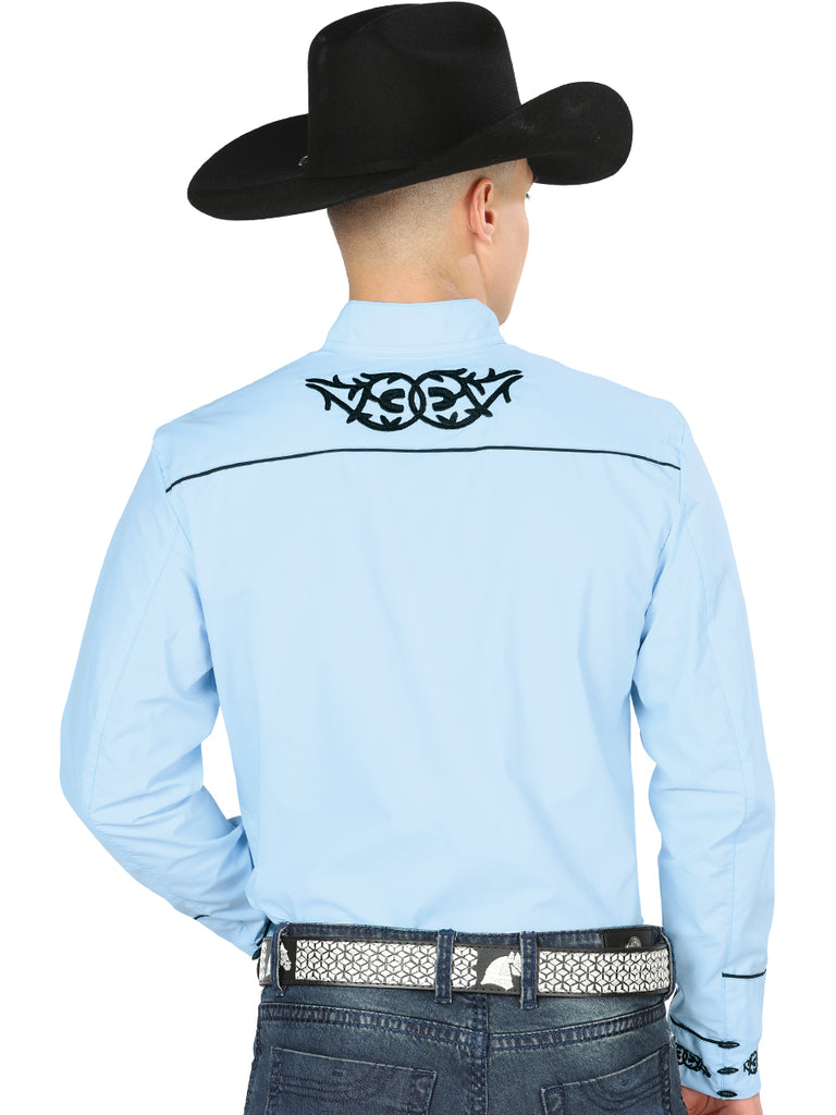 Camisa Vaquera de Hombre El Señor de los Cielos Manga Larga Bordada Charro en 65% Poliéster 35% Algodón Color Azul/Negro 40785