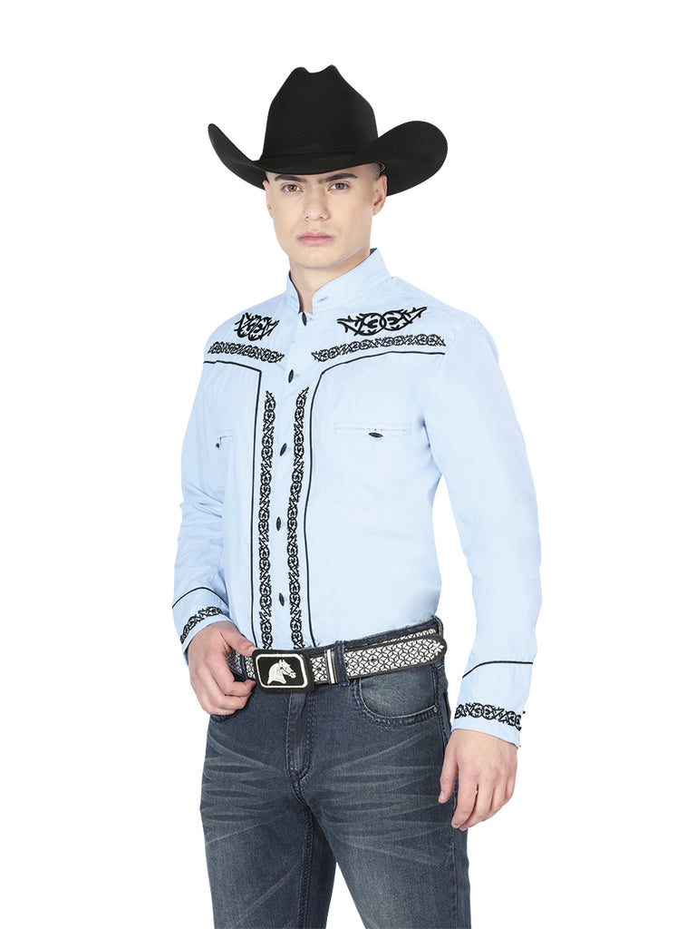 Camisa Vaquera de Hombre El Señor de los Cielos Manga Larga Bordada Charro en 65% Poliéster 35% Algodón Color Azul/Negro 40785