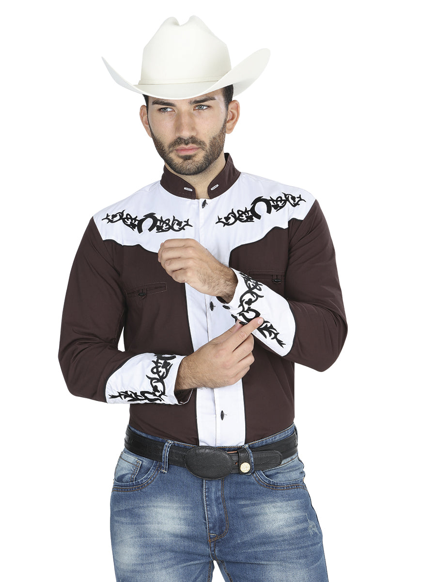 Camisa Vaquera de Hombre El General CHC063 Manga Larga Bordada en 65% Poliéster 35% Algodón Color Café 40793