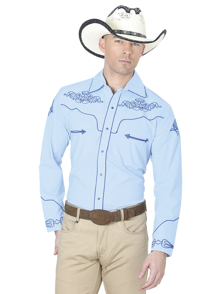 Camisa Vaquera de Hombre El General Mch-02-03 Manga Larga Bordada en 65% Poliéster 35% Algodón Color Azul 40985