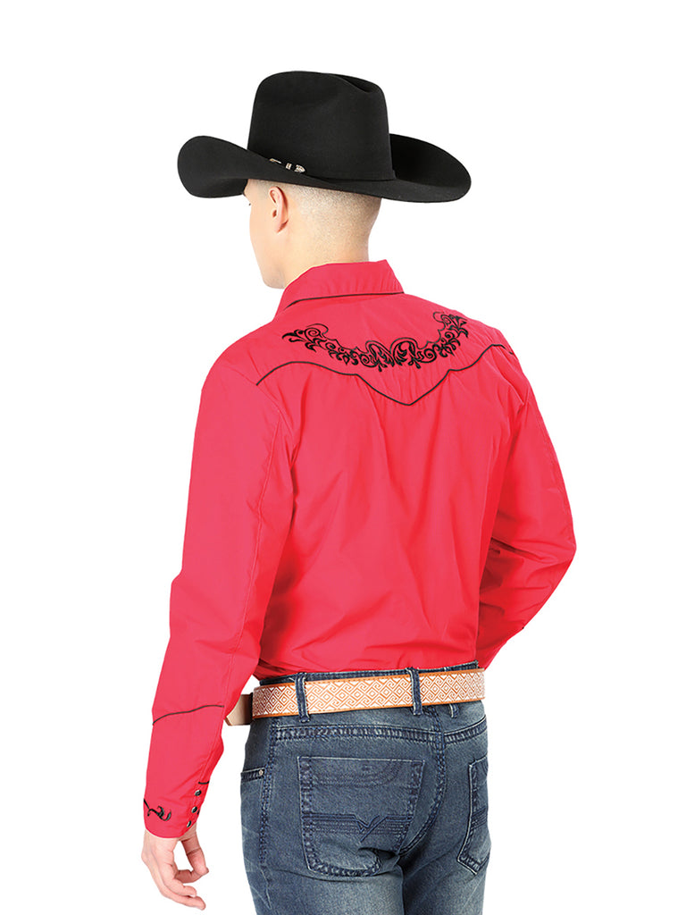 Camisa Vaquera de Hombre El General Manga Larga Bordada Casual en 65% Poliéster 35% Algodón Color Rojo/Negro 40989