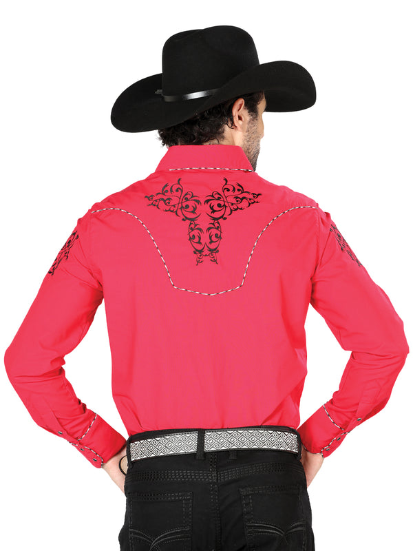 Camisa Vaquera de Hombre El General Manga Larga Bordada Casual en 65% Poliéster 35% Algodón Color Rojo/Negro 40992