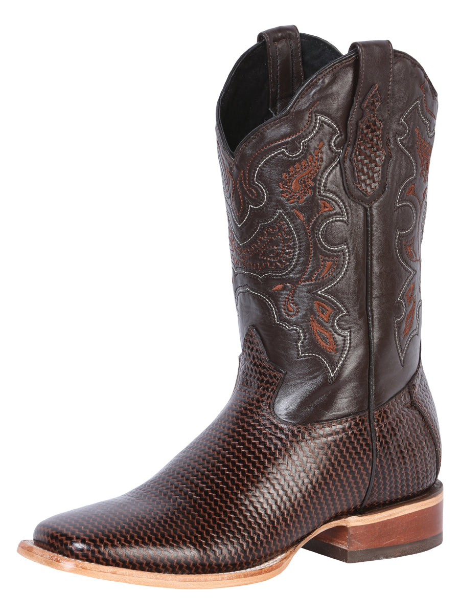 Bota Vaquera Rodeo Hombre El General Piel Bovino Grabado Tejido Tabaco - Modelo 41791