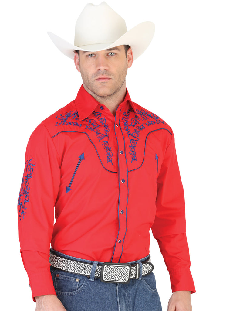 Camisa Vaquera de Hombre El General 2019-61 Manga Larga Bordada en 55% Algodón 45% Poliéster Color Rojo 42340