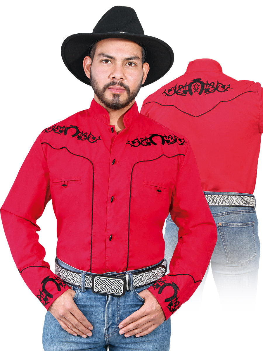 Camisa Vaquera de Hombre El Señor de los Cielos CHC062 Manga Larga Bordada en 65% Poliéster 35% Algodón Color Rojo 42883