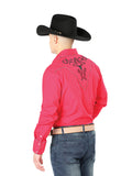 Camisa Vaquera de Hombre El Señor de los Cielos Manga Larga Bordada Casual en 65% Poliéster 35% Algodón Color Rojo/Negro 42889
