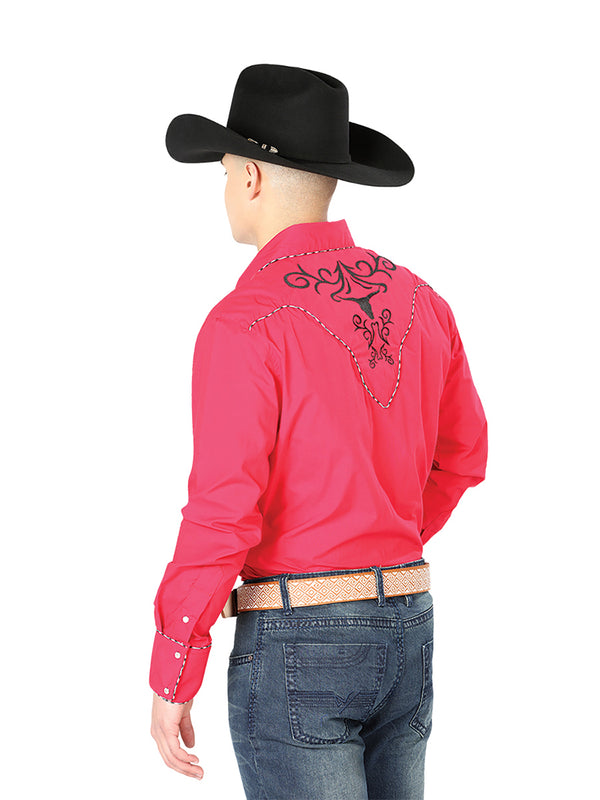 Camisa Vaquera de Hombre El Señor de los Cielos Manga Larga Bordada Casual en 65% Poliéster 35% Algodón Color Rojo/Negro 42889