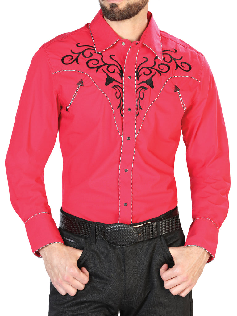 Camisa Vaquera de Hombre El Señor de los Cielos Manga Larga Bordada Casual en 65% Poliéster 35% Algodón Color Rojo/Negro 42889