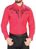 Camisa Vaquera de Hombre El Señor de los Cielos Manga Larga Bordada Casual en 65% Poliéster 35% Algodón Color Rojo/Negro 42889