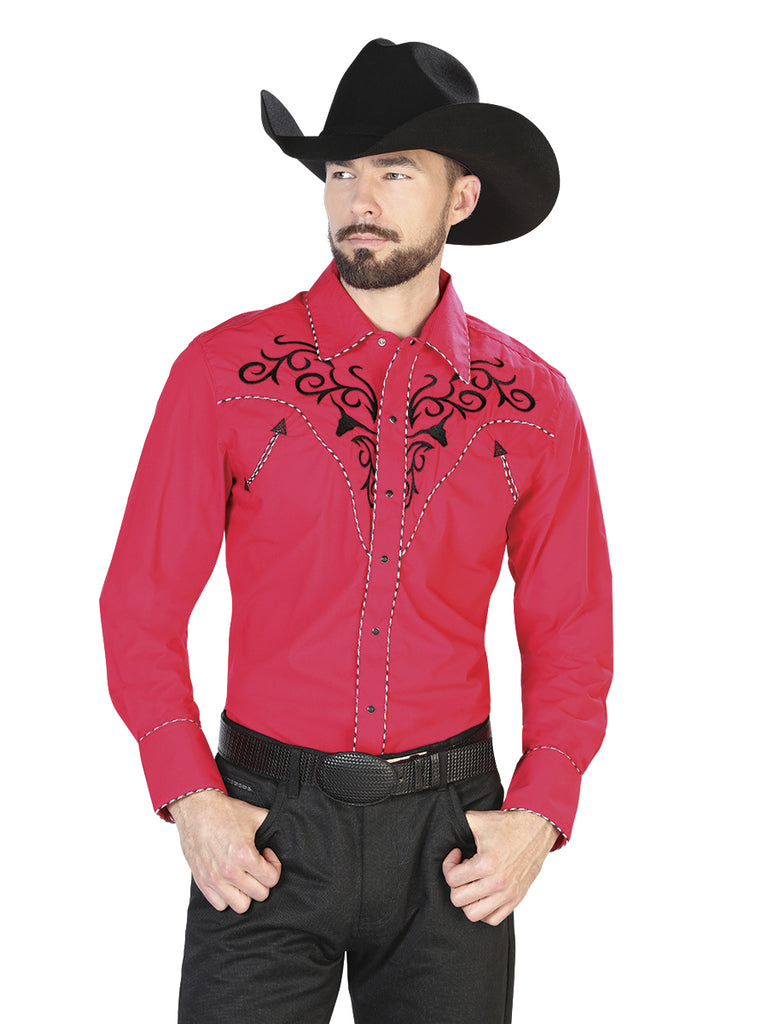Camisa Vaquera de Hombre El Señor de los Cielos Manga Larga Bordada Casual en 65% Poliéster 35% Algodón Color Rojo/Negro 42889