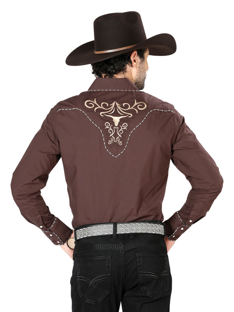 Camisa Vaquera de Hombre El Señor de los Cielos Manga Larga Bordada Casual en 65% Poliéster 35% Algodón Color Café/Dorado 42891