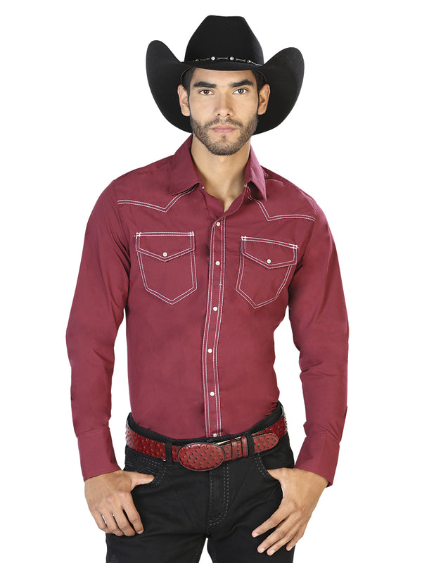 Camisa Vaquera de Hombre El Señor de los Cielos Manga Larga Bordada Casual en 65% Poliéster 35% Algodón Color Vino 42897