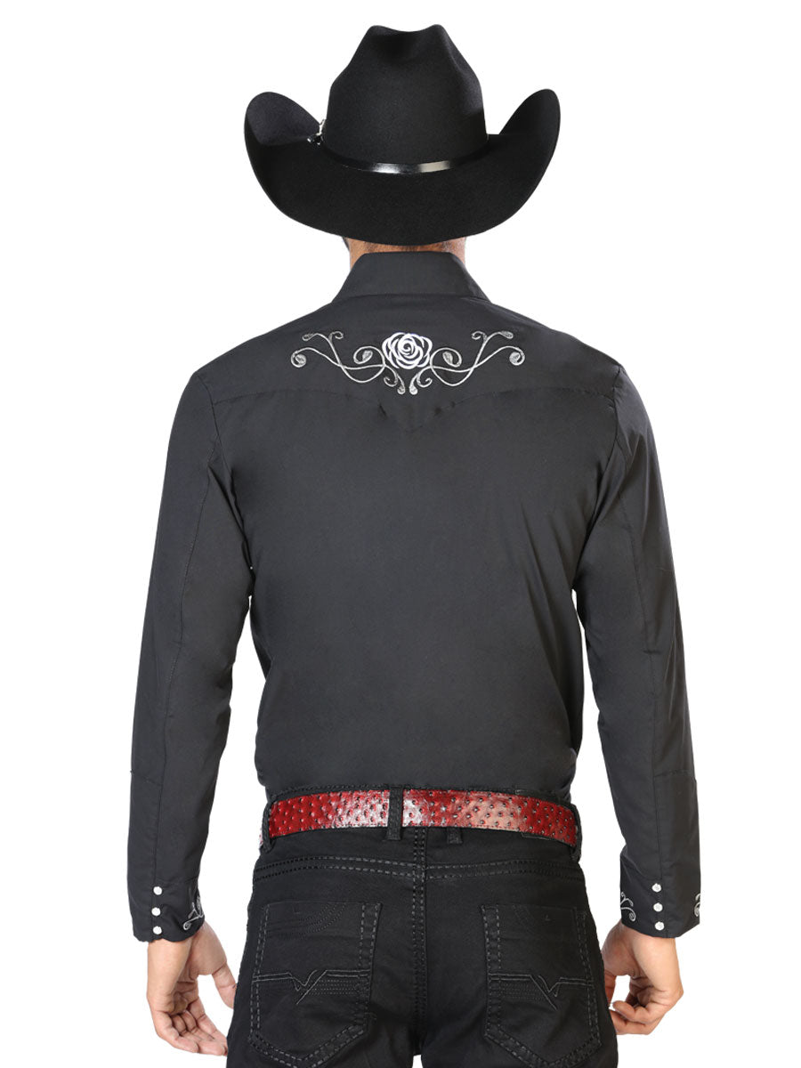 Camisa Vaquera de Hombre El Señor de los Cielos Manga Larga Bordada Casual en 65% Poliéster 35% Algodón Color Negro/Blanco 42937