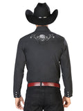 Camisa Vaquera de Hombre El Señor de los Cielos Manga Larga Bordada Casual en 65% Poliéster 35% Algodón Color Negro/Blanco 42937