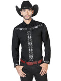 Camisa Vaquera de Hombre El Señor de los Cielos Manga Larga Bordada Casual en 65% Poliéster 35% Algodón Color Negro/Blanco 42937