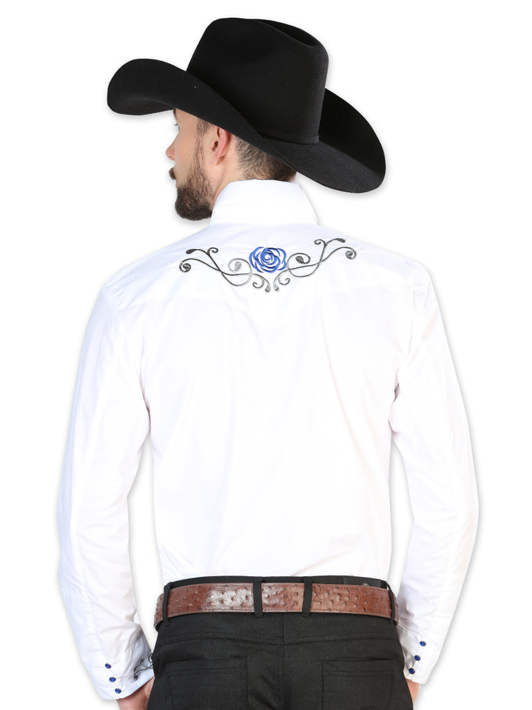 Camisa Vaquera de Hombre El Señor de los Cielos Manga Larga Bordada Casual en 65% Poliéster 35% Algodón Color Blanco/Azul 42938