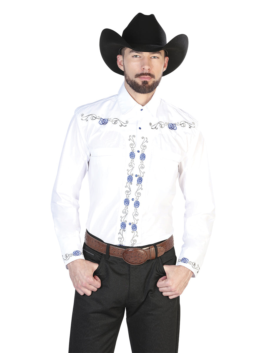 Camisa Vaquera de Hombre El Señor de los Cielos Manga Larga Bordada Casual en 65% Poliéster 35% Algodón Color Blanco/Azul 42938