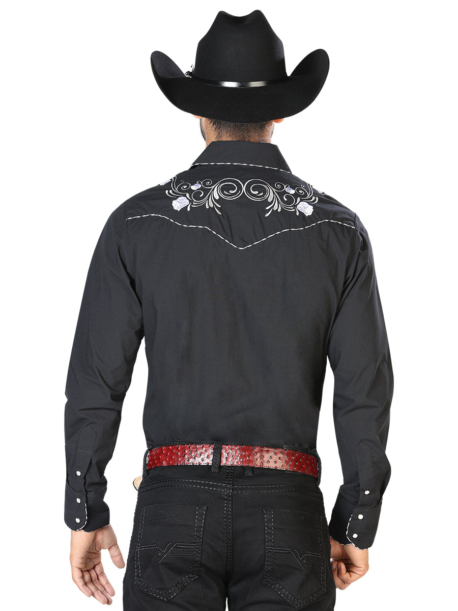 Camisa Vaquera de Hombre El Señor de los Cielos Manga Larga Bordada Casual en 65% Poliéster 35% Algodón Color Negro/Blanco 42940