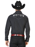 Camisa Vaquera de Hombre El Señor de los Cielos Manga Larga Bordada Casual en 65% Poliéster 35% Algodón Color Negro/Blanco 42940