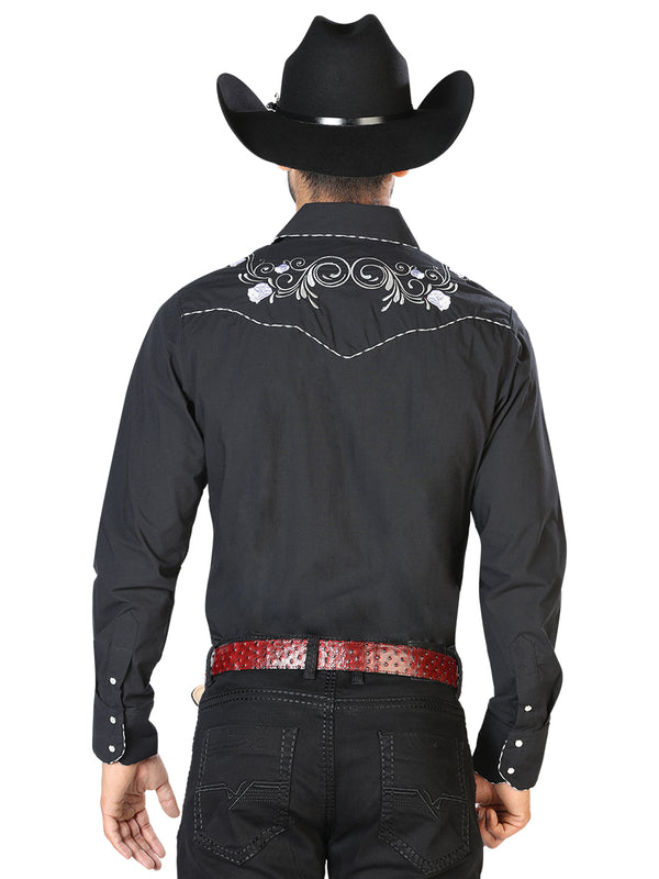 Camisa Vaquera de Hombre El Señor de los Cielos Manga Larga Bordada Casual en 65% Poliéster 35% Algodón Color Negro/Blanco 42940