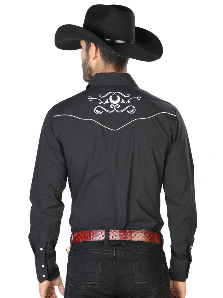Camisa Vaquera de Hombre El Señor de los Cielos Manga Larga Bordada Casual en 65% Poliéster 35% Algodón Color Negro/Blanco 42945