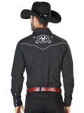 Camisa Vaquera de Hombre El Señor de los Cielos Manga Larga Bordada Casual en 65% Poliéster 35% Algodón Color Negro/Blanco 42945