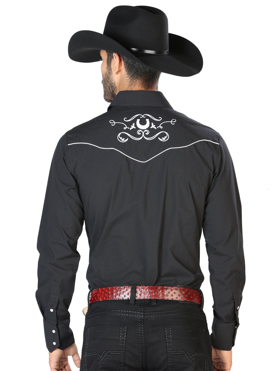 Camisa Vaquera de Hombre El Señor de los Cielos Manga Larga Bordada Casual en 65% Poliéster 35% Algodón Color Negro/Blanco 42945