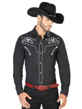 Camisa Vaquera de Hombre El Señor de los Cielos Manga Larga Bordada Casual en 65% Poliéster 35% Algodón Color Negro/Blanco 42945
