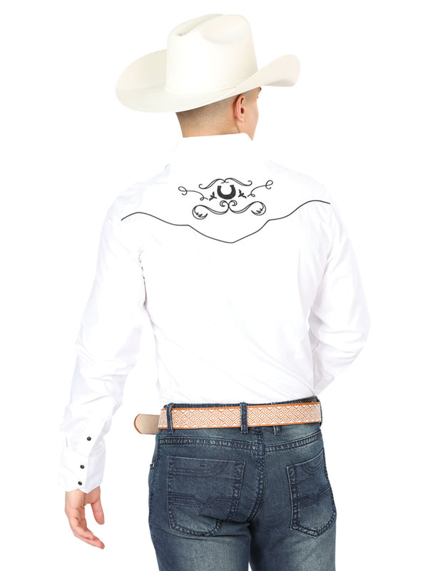 Camisa Vaquera de Hombre El Señor de los Cielos Manga Larga Bordada Casual en 65% Poliéster 35% Algodón Color Blanco/Negro 42946