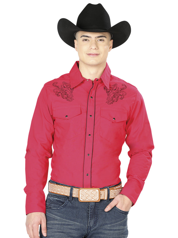 Camisa Vaquera de Hombre El Señor de los Cielos Manga Larga Bordada Casual en 65% Poliéster 35% Algodón Color Rojo 42956
