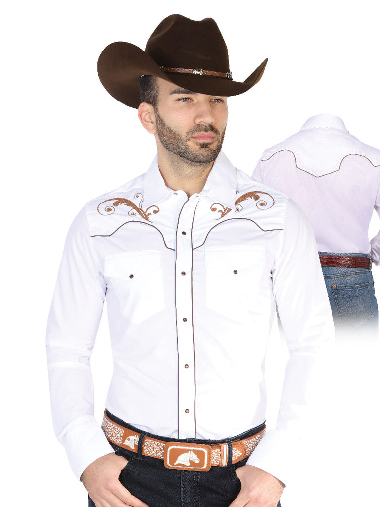 Camisa Vaquera de Hombre El Señor de los Cielos Manga Larga Bordada Casual en 65% Poliéster 35% Algodón Color Blanco/Negro 42957