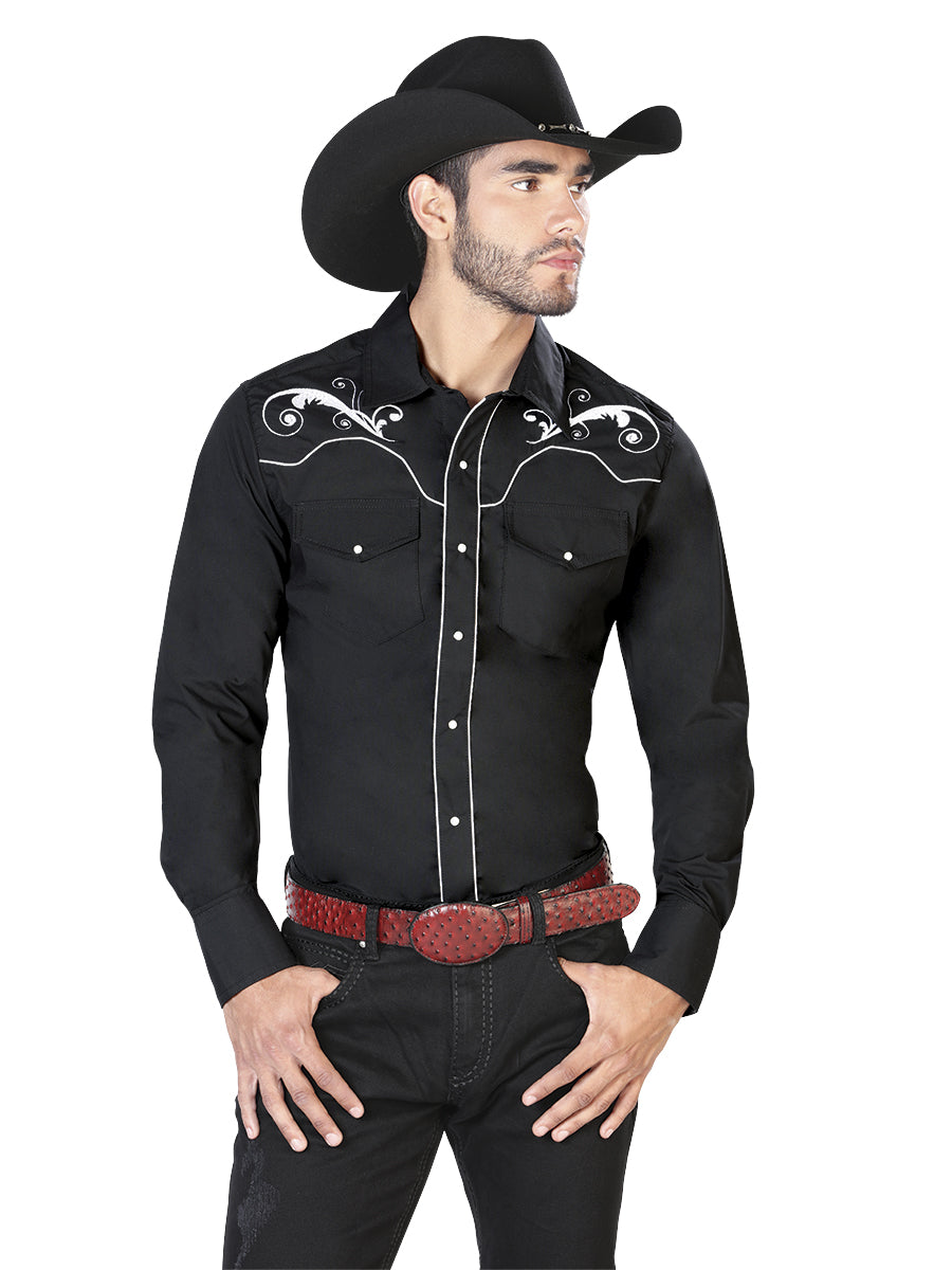 Camisa Vaquera de Hombre El Señor de los Cielos Manga Larga Bordada Casual en 65% Poliéster 35% Algodón Color Negro/Blanco 42958