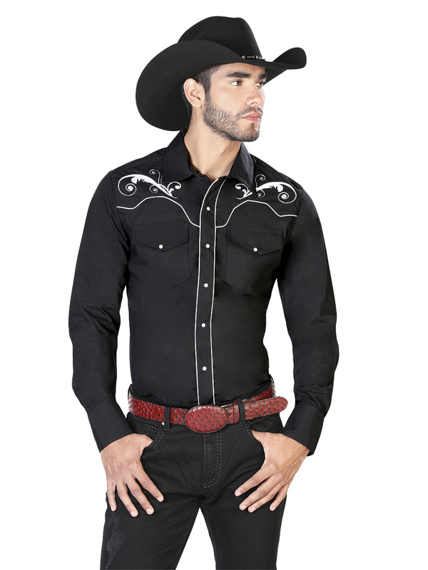 Camisa Vaquera de Hombre El Señor de los Cielos Manga Larga Bordada Casual en 65% Poliéster 35% Algodón Color Negro/Blanco 42958