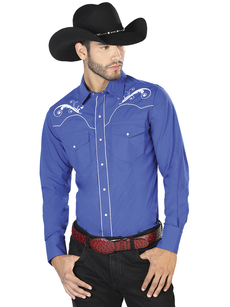 Camisa Vaquera de Hombre El Señor de los Cielos Manga Larga Bordada Casual en 65% Poliéster 35% Algodón Color Azul Rey 42959
