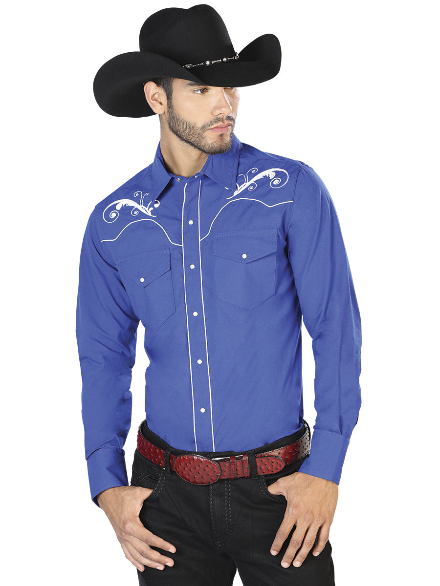 Camisa Vaquera de Hombre El Señor de los Cielos Manga Larga Bordada Casual en 65% Poliéster 35% Algodón Color Azul Rey 42959