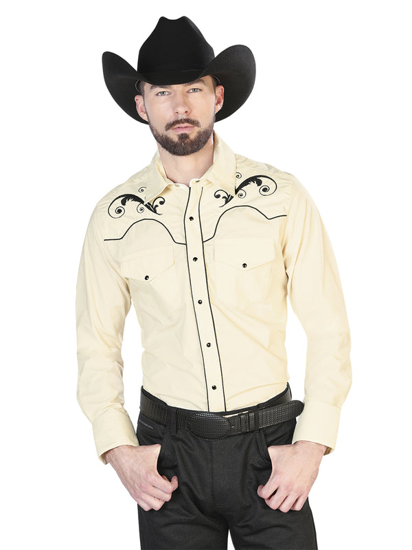 Camisa Vaquera de Hombre El Señor de los Cielos Manga Larga Bordada Casual en 65% Poliéster 35% Algodón Color Beige/Negro 42960