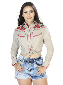 Dama Khaki Manga Larga Vaquero Camisa 42963