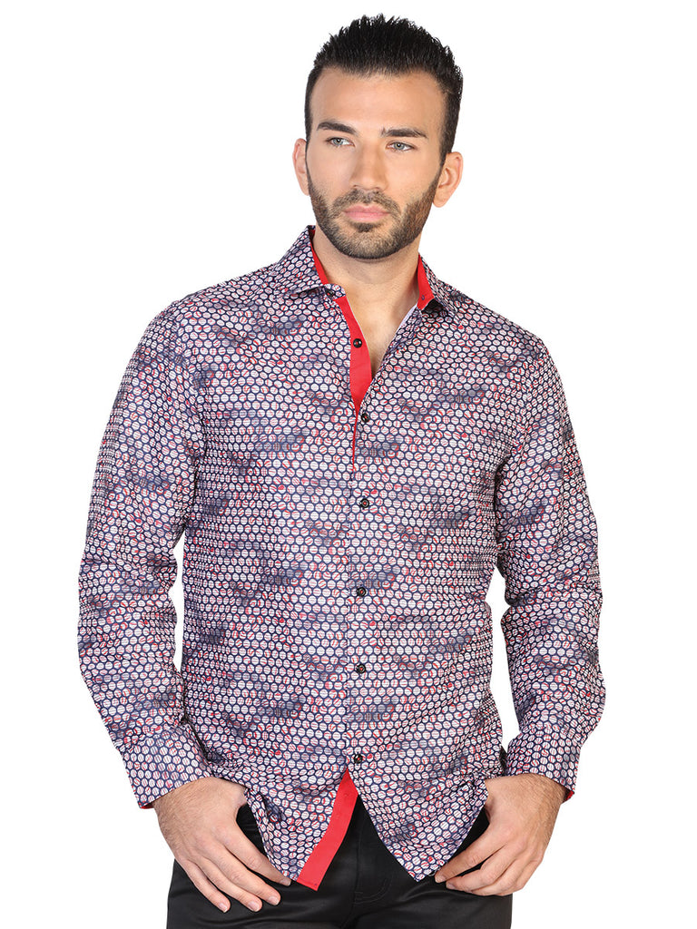 Camisa Vaquera de Hombre El Señor de los Cielos Manga Larga Casual en 100% Poliéster Color Azul Marino/Rojo 43049