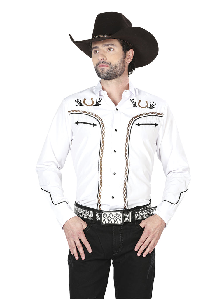 Camisa Vaquera de Hombre El General Manga Larga Bordada Casual en 65% Poliéster 35% Algodón Color Blanco/Dorado 43296