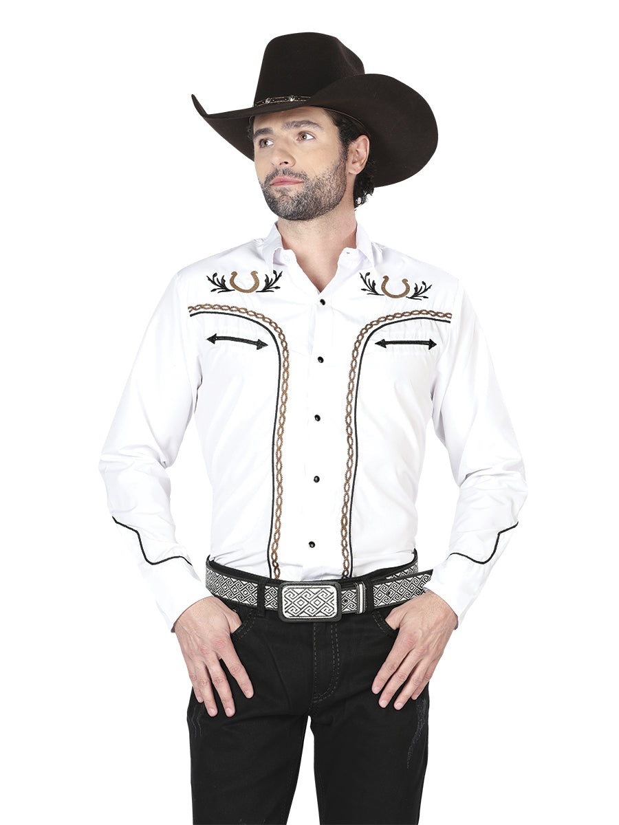 Camisa Vaquera de Hombre El General Manga Larga Bordada Casual en 65% Poliéster 35% Algodón Color Blanco/Dorado 43296