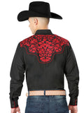 Camisa Vaquera de Hombre El Señor de los Cielos Manga Larga Bordada Casual en 65% Poliéster 35% Algodón Color Negro/Rojo 43297