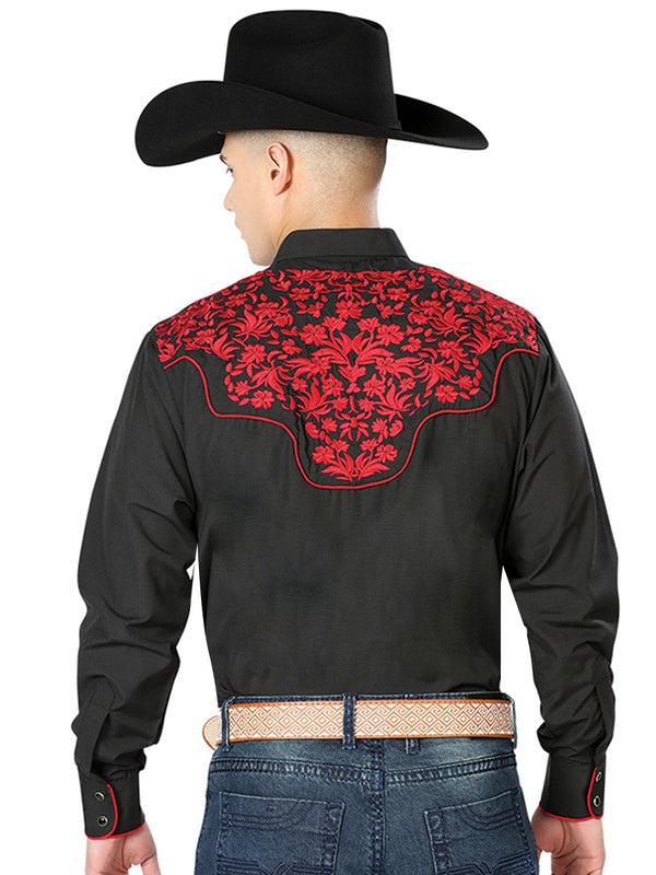 Camisa Vaquera de Hombre El Señor de los Cielos Manga Larga Bordada Casual en 65% Poliéster 35% Algodón Color Negro/Rojo 43297