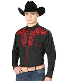 Camisa Vaquera de Hombre El Señor de los Cielos Manga Larga Bordada Casual en 65% Poliéster 35% Algodón Color Negro/Rojo 43297