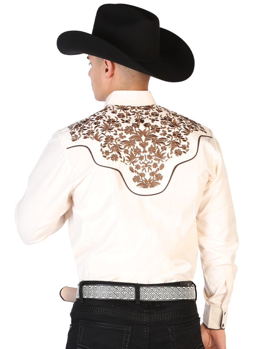 Camisa Vaquera de Hombre El Señor de los Cielos Manga Larga Bordada Casual en 65% Poliéster 35% Algodón Color Beige/Dorado 43299