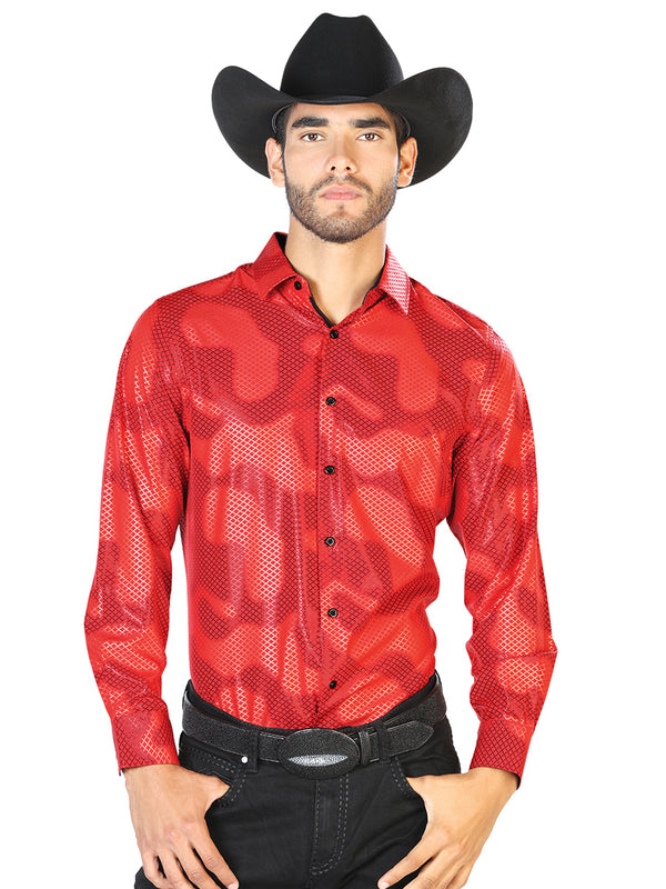 Camisa Vaquera de Hombre El Señor de los Cielos Manga Larga Casual en 97% Poliéster 3% Spandex Color Rojo/Negro 43468