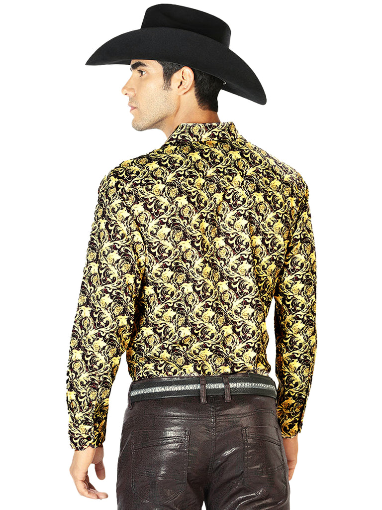 Camisa Vaquera de Hombre El Señor de los Cielos Manga Larga Casual en 97% Poliéster 3% Spandex Color Negro/Beige 43542