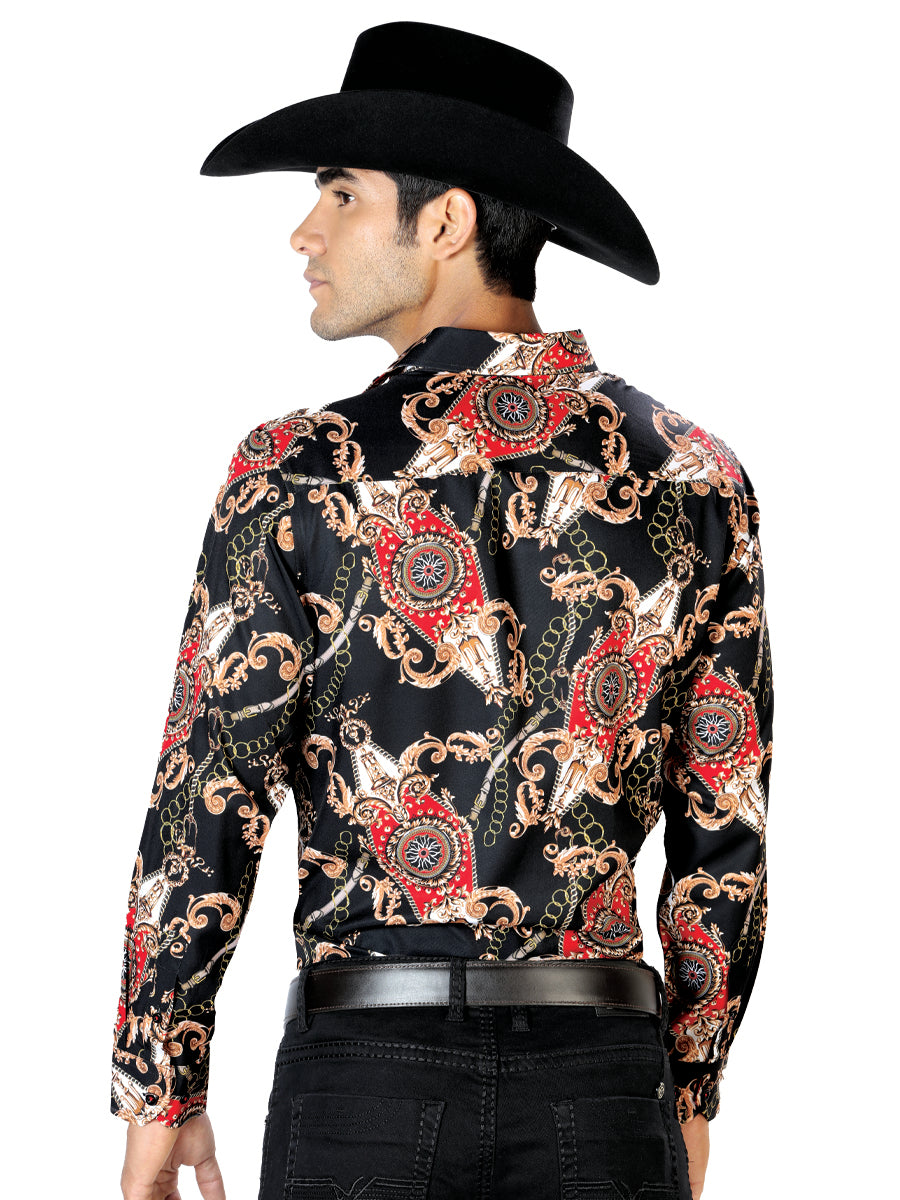 Camisa Vaquera de Hombre El Señor de los Cielos Manga Larga Casual en 97% Poliéster 3% Spandex Color Negro/Dorado 43543
