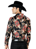 Camisa Vaquera de Hombre El Señor de los Cielos Manga Larga Casual en 97% Poliéster 3% Spandex Color Negro/Dorado 43543